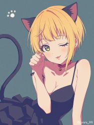 Rule 34 | 1girl, :3, agata (agatha), animal ears, bad id, bad pixiv id, bare shoulders, bell, black dress, blonde hair, breasts, cat ears, cat tail, cleavage, collar, collarbone, commentary request, dress, green eyes, idolmaster, idolmaster cinderella girls, looking at viewer, medium breasts, miyamoto frederica, neck bell, one eye closed, short hair, sleeveless, sleeveless dress, solo, spaghetti strap, tail, tongue, tongue out