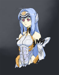 Rule 34 | 1girl, android, bare shoulders, blue hair, breasts, commentary request, elbow gloves, expressionless, forehead protector, gloves, kos-mos, leotard, long hair, solo, very long hair, white leotard, xenosaga