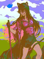 Rule 34 | 1girl, animal ears, arknights, black hair, blood, blood on arm, blood on face, breasts, cat ears, cigarette, cloud, collared shirt, hair down, highres, limited palette, long hair, pink shirt, shirt, short shorts, shorts, sky, small breasts, smoking, solo, sun, sword, texas (arknights), texas (willpower) (arknights), torn clothes, torn sleeves, tunamayo aku, weapon