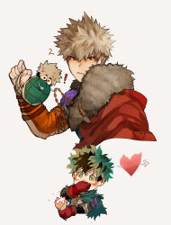 Rule 34 | !, 2boys, absurdres, arrow through heart, bakugou katsuki, blonde hair, boku no hero academia, cape, commentary, covering own mouth, creature, crepe, dynamy (boku no hero academia), food, gloves, green eyes, green hair, heart, heart-shaped pupils, highres, holding, holding creature, holding food, holding jewelry, holding necklace, jackeelart, jewelry, looking at viewer, male focus, midoriya izuku, multiple boys, necklace, official alternate costume, pelt, red cape, red eyes, red gloves, short hair, simple background, spanish commentary, spiked hair, symbol-shaped pupils, upper body, white background