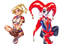 Rule 34 | 2girls, bandages, blonde hair, blue eyes, bodysuit, breasts, chrono cross, cleavage, closed mouth, facepaint, facial mark, gloves, harem pants, harlequin, hat, high ponytail, jester, jester cap, jewelry, kid (chrono cross), leotard, long hair, looking at viewer, midriff, multi-tied hair, multiple girls, navel, necklace, ooshima yasusuki, pants, pom pom (clothes), ponytail, red eyes, red gloves, red leotard, simple background, skirt, smile, tassel, harle (chrono cross), vest, white background