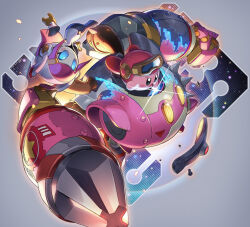 Rule 34 | 1girl, blue eyes, blush stickers, disembodied limb, drill, gloves, goggles, grey background, helmet, kirby, kirby: planet robobot, kirby (series), mechanical arms, nintendo, open mouth, pink hair, rayman limbs, robobot armor, robot, simple background, solid oval eyes, sparkle, susie (kirby), tonami kanji, yellow gloves