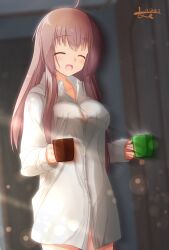 Rule 34 | 1girl, :d, ^ ^, absurdres, ahoge, blurry, blurry background, blush, breasts, brown hair, closed eyes, commentary, cowboy shot, cup, dress shirt, eyelashes, fumimaru, hair between eyes, hair down, hands up, happy, highres, holding, holding cup, indoors, large breasts, lens flare, long hair, mug, open mouth, sanoba witch, shiiba tsumugi, shirt, sidelighting, sidelocks, signature, sleeves past wrists, smile, solo, standing, waking up, white shirt
