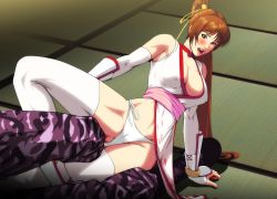Rule 34 | 1girl, arm support, battle, blush, breasts, brown hair, camouflage, choker, cleavage, dead or alive, high ponytail, kasumi (doa), large breasts, long hair, looking at viewer, lying, medium breasts, ninja, no bra, on floor, on side, open mouth, panties, pelvic curtain, ponytail, raliugaxxx, ryona, side-tie panties, submission, tatami, tecmo, thighhighs, underwear, white panties, white thighhighs