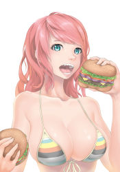 Rule 34 | 1girl, bad id, bad pixiv id, bare shoulders, bikini, bikini top only, blue eyes, breasts, burger, cleavage, collarbone, food, front-tie top, highres, large breasts, long hair, looking at viewer, open mouth, original, shiny skin, simple background, skindentation, solo, striped, swimsuit, teeth, uvula, zhean li