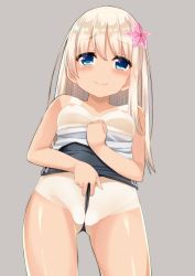 Rule 34 | 10s, 1girl, between labia, blonde hair, blue eyes, blue sky, blush, breasts, breasts out, cacao (cacao0809), closed mouth, collarbone, flower, from below, frontal wedgie, gluteal fold, groin, hair flower, hair ornament, highres, kantai collection, pussy, looking at viewer, looking down, nipples, one-piece tan, partially visible vulva, pink flower, pulling own clothes, ro-500 (kancolle), shiny skin, sky, smile, solo, standing, tan, tanline, wedgie