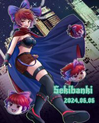 Rule 34 | 1girl, alternate costume, black footwear, black gloves, black thighhighs, bow, breasts, building, cape, character name, city, commentary request, dated, fingerless gloves, floating, full body, gloves, hair bow, highres, kyabekko, purple bow, red cape, red eyes, red hair, red shorts, sekibanki, sekibanki day, short hair, shorts, solo, thigh strap, thighhighs, touhou