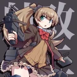 Rule 34 | 1girl, 547th sy, text background, black panties, blazer, blue eyes, bow, bow (weapon), bowtie, brown hair, brown jacket, brown skirt, cardigan, commentary request, cowboy shot, crossbow, frilled skirt, frills, grey background, highres, jacket, kantai collection, kumano (kancolle), long hair, machinery, open mouth, orange bow, orange bowtie, panties, ponytail, school uniform, skirt, solo, underwear, weapon