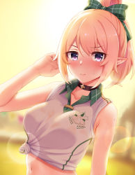 Rule 34 | 3:, backlighting, bare arms, bare shoulders, black choker, blonde hair, bloom, blurry, blurry background, blush, bow, breasts, chloe (princess connect!), chloe (school festival) (princess connect!), choker, closed mouth, collared shirt, depth of field, elf, emblem, green bow, gym shirt, hair bow, hand in own hair, highres, lens flare, looking at viewer, medium breasts, mumistar, navel, one-hour drawing challenge, pointy ears, princess connect!, purple eyes, see-through, shirt, short hair, short ponytail, sidelocks, sleeveless, sleeveless shirt, solo, sweat, tied shirt, upper body, v-shaped eyebrows, wet, wet clothes, wet shirt, white shirt