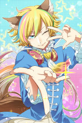 Rule 34 | 10s, 1boy, absurdres, animal ears, ascot, bishounen, blonde hair, blue eyes, headphones, highres, male focus, minatasiro, multicolored hair, one eye closed, pointing, show by rock!!, shu zo (show by rock!!), smile, solo, star (symbol), streaked hair, tail, v