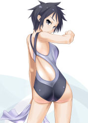 Rule 34 | 1girl, ass, black eyes, black hair, competition swimsuit, from behind, looking back, meian, myouan, one-piece swimsuit, original, shirakami itsuki, short hair, solo, swimsuit