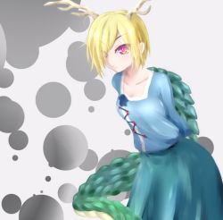 Rule 34 | 1girl, antlers, arms behind back, blonde hair, blue shirt, blue skirt, breasts, circle, collarbone, commentary request, cowboy shot, dragon horns, dragon tail, evandragon, hair over one eye, horns, kicchou yachie, leaning forward, long sleeves, looking at viewer, parted lips, pink eyes, shirt, short hair, skirt, small breasts, solo, standing, tail, touhou, white background