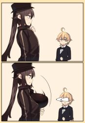 Rule 34 | 1boy, 1girl, 2koma, absurdres, aether (genshin impact), alternate breast size, black jacket, black shirt, black suit, blonde hair, bocchi the rock!, bow, bowtie, braid, braided ponytail, breasts, brown hair, bulging eyes, closed mouth, comic, earrings, eye pop, formal, genshin impact, hat, highres, hinghoi, hu tao (genshin impact), jacket, jewelry, large breasts, long hair, looking at breasts, open clothes, open jacket, shirt, smile, suit, yellow eyes, zipper
