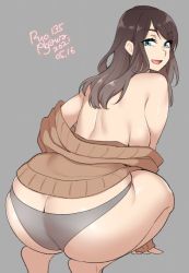 Rule 34 | 1girl, agawa ryou, artist name, ass, black panties, breasts, brown hair, butt crack, commentary, english commentary, from behind, grey background, large breasts, looking at viewer, looking back, original, panties, signature, simple background, smile, solo, sweater, underwear