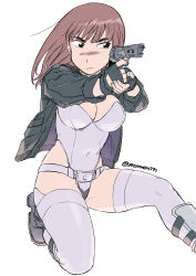 Rule 34 | 1girl, artist name, breasts, brown hair, cleavage, commentary request, cosplay, covered navel, fingerless gloves, frown, ghost in the shell, ghost in the shell stand alone complex, gloves, groin tendon, highleg, highleg leotard, highres, holding, jacket, kiruko (tengoku daimakyou), kusanagi motoko, kusanagi motoko (cosplay), leather, leather jacket, leotard, long hair, looking at viewer, medium breasts, on one knee, simisimimountain, simple background, solo, tengoku daimakyou, thighhighs, white background