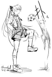 Rule 34 | 10s, 1girl, 2013, alternate costume, alternate hairstyle, bad id, bad pixiv id, ball, cat, dated, fancybetty, from side, fujiwara no mokou, full body, greyscale, hands in pockets, kneehighs, long hair, monochrome, ponytail, shorts, signature, soccer, soccer ball, socks, telstar, touhou