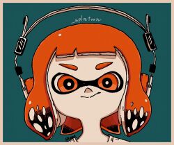 Rule 34 | 1girl, :&gt;, artist name, black hair, blue background, blunt bangs, border, bright pupils, brown border, closed mouth, colored tips, copyright name, english text, female focus, happy, headphones, highres, inkling, inkling girl, inkling player character, looking at viewer, matching hair/eyes, multicolored hair, nintendo, orange eyes, orange hair, pale skin, portrait, shirt, shogo (shogo70449442), short hair, sidelocks, signature, simple background, smile, solo, splatoon (series), split mouth, straight-on, two-tone hair, v-shaped eyebrows, white pupils, white shirt