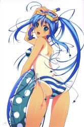 Rule 34 | 1girl, :3, :d, absurdres, bikini, blue eyes, blue hair, copyright request, diving mask, female focus, goggles, highres, huge filesize, innertube, long hair, looking at viewer, looking back, murakami suigun, one-piece tan, open mouth, side-tie bikini bottom, simple background, smile, snorkel, solo, striped bikini, striped clothes, swim ring, swimsuit, tan, tanline