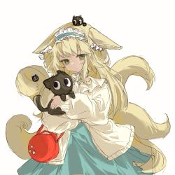 Rule 34 | 1girl, animal, animal ear fluff, animal ears, animal hug, arknights, bag, black cat, blonde hair, blue hairband, blue skirt, cat, closed mouth, commentary request, crossover, elize51816, fox ears, fox girl, fox tail, frilled hairband, frills, green eyes, hairband, heixiu, jacket, kitsune, long hair, long sleeves, looking at viewer, luo xiaohei, on head, open clothes, open jacket, puffy long sleeves, puffy sleeves, shirt, shoulder bag, simple background, sketch, skirt, suzuran (arknights), suzuran (spring praise) (arknights), tail, luo xiaohei zhanji, very long hair, white background, white jacket, white shirt