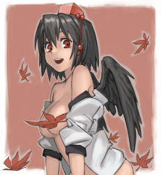 Rule 34 | 1girl, bad id, bad pixiv id, bare shoulders, black hair, black wings, border, breasts, censored, chibi maru, convenient censoring, fading border, female focus, hat, leaf, leaf censor, looking at viewer, maple leaf, medium breasts, off shoulder, open clothes, open mouth, open shirt, red eyes, ribimaru, shameimaru aya, shirt, smile, solo, tokin hat, touhou, wings