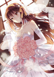 Rule 34 | 1girl, bare shoulders, blush, bouquet, breasts, bridal veil, brown eyes, brown hair, choker, cleavage, domotolain, dress, elbow gloves, flower, gloves, hairband, jewelry, large breasts, long hair, necklace, non-web source, petals, solo, strapless, strapless dress, suzumiya haruhi, suzumiya haruhi no yuuutsu, veil, very long hair, wedding dress, white dress, white gloves