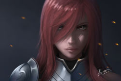 Rule 34 | 1girl, armor, brown eyes, earrings, erza scarlet, fairy tail, highres, jewelry, long hair, looking at viewer, realistic, red hair, solo