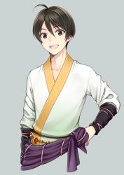 Rule 34 | 1girl, ahoge, black eyes, brown hair, character request, chimachi, collarbone, cropped torso, grey background, hand on own hip, japanese clothes, kimono, magatama, male focus, simple background, solo, standing, upper body, white kimono