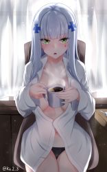 Rule 34 | 1girl, absurdres, black panties, blunt bangs, breasts, chair, coffee, collarbone, cup, curtains, dress shirt, drink, eyes visible through hair, facial mark, facing viewer, girls&#039; frontline, green eyes, hair ornament, highres, hk416 (girls&#039; frontline), holding, holding cup, ibuki grunt, indoors, large breasts, light particles, long hair, long sleeves, looking at viewer, mug, navel, no bra, on chair, open clothes, open mouth, open shirt, panties, shirt, silver hair, sitting, solo, steam, teardrop, underwear, white shirt