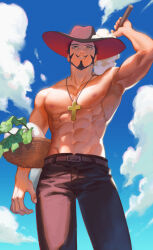 Rule 34 | 1boy, abs, absurdres, arm up, basket, black hair, black pants, che (cyan crown), cross, cross necklace, daikon, dracule mihawk, facial hair, food, from below, hat, highres, holding, holding food, holding vegetable, jewelry, looking at viewer, male focus, muscular, muscular male, necklace, one piece, outdoors, pants, radish, sky, solo, topless male, vegetable, yellow eyes