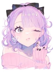 Rule 34 | 1girl, 43 pon, ;q, bad id, bad twitter id, bare shoulders, black bow, black nails, bow, closed mouth, cropped shoulders, hair bow, hand up, highres, long sleeves, looking at viewer, nail polish, off-shoulder sweater, off shoulder, one eye closed, original, pink sweater, purple eyes, purple hair, signature, simple background, sleeves past wrists, solo, sweater, tongue, tongue out, upper body, white background