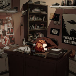 Rule 34 | 1boy, ball, basketball, basketball (object), book, box, brown hair, bulletin board, chair, dana scully, desk, formal, fox mulder, haya-aporo, highres, i want to believe, in box, in container, indoors, lamp, long sleeves, male focus, papers, pencil, poster (object), shelf, sleeping, suit, the x-files, x-files