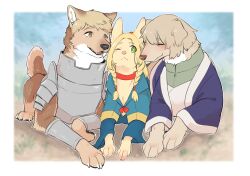 Rule 34 | animal, animal focus, animalization, armor, blonde hair, blue capelet, blue coat, blue robe, bracer, braid, bright pupils, brother and sister, brown eyes, brown hair, capelet, closed eyes, closed mouth, clothed animal, coat, collar, commentary request, dog, dungeon meshi, facing another, falin touden, full body, highres, laios touden, light brown hair, long hair, long sleeves, looking at another, lying, marcille donato, no humans, one eye closed, outdoors, pauldrons, robe, sandwiched, short hair, shoulder armor, siblings, tsukune (budodesu), twin braids, very short hair, wide sleeves