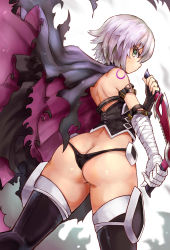 Rule 34 | 1girl, absurdres, ass, bandaged arm, bandages, bare shoulders, black gloves, black panties, butt crack, cape, cowboy shot, fate/apocrypha, fate/grand order, fate (series), fingerless gloves, from behind, gloves, green eyes, highres, holding, holding weapon, jack the ripper (fate/apocrypha), looking at viewer, off shoulder, okitsugu, panties, serious, short hair, silver hair, single glove, solo, tattoo, thighhighs, thighs, torn cape, torn clothes, underwear, weapon