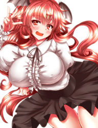 Rule 34 | 1girl, bad anatomy, blush, breast lift, breasts, commentary request, demon girl, demon wings, artistic error, female focus, head wings, highres, juliet sleeves, koakuma, large breasts, long hair, long sleeves, looking at viewer, meme attire, open mouth, puffy sleeves, red eyes, red hair, shirt, simple background, skirt, solo, thigh gap, touhou, very long hair, virgin killer outfit, wings, zan (harukahime)