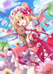 Rule 34 | 1girl, :d, balloon, blonde hair, blue sky, blurry, bow, bridal garter, cloud, cloudy sky, commentary request, cowboy shot, cross-laced clothes, crystal, daisy, day, depth of field, flandre scarlet, flower, frilled skirt, frilled sleeves, frills, green ribbon, hair between eyes, hat, hat bow, holding, holding stuffed toy, kure~pu, looking at viewer, mob cap, one side up, open mouth, outdoors, petals, petticoat, pink flower, puffy short sleeves, puffy sleeves, red bow, red eyes, red ribbon, red skirt, red vest, ribbon, shirt, short hair, short sleeves, skirt, sky, smile, solo, stuffed animal, stuffed toy, teddy bear, touhou, vest, white flower, white shirt, wings, yellow flower