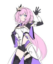 Rule 34 | 1girl, black gloves, black shorts, black sleeves, black thighhighs, blue eyes, breasts, closed mouth, commentary request, detached sleeves, elysia (honkai impact), elysia (miss pink elf) (honkai impact), gloves, hair intakes, hand on own hip, hand up, highres, honkai (series), honkai impact 3rd, komi (mayu eo22), korean commentary, light smile, long hair, long sleeves, looking at viewer, medium breasts, pink hair, pointy ears, shorts, simple background, sketch, solo, thighhighs, very long hair, white background