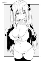 Rule 34 | 1girl, bikini, breasts, cleavage, closed mouth, collarbone, greyscale, hair between eyes, hair ribbon, kichihachi, large breasts, long hair, looking at viewer, monochrome, original, ribbon, smile, solo, swimsuit, thighhighs, twintails, twitter username