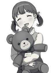 Rule 34 | 1girl, :d, ^ ^, asada hachi, birthday card, blush, character name, closed eyes, commentary request, doujima nanako, dress, facing viewer, grey background, greyscale, happy, happy birthday, highres, holding, holding stuffed toy, monochrome, hugging object, open mouth, persona, persona 4, short twintails, smile, solo, stuffed animal, stuffed toy, sweater, teddy bear, turtleneck, turtleneck sweater, twintails