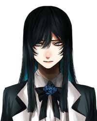 Rule 34 | 1girl, ado (utaite), black bow, black bowtie, black hair, black jacket, blue flower, blue hair, blue rose, bow, bowtie, chando (ado), closed mouth, colored inner hair, flower, grey eyes, hair between eyes, highres, hoshi san 3, jacket, long hair, looking away, multicolored hair, neck flower, niconico, rose, shirt, simple background, solo, upper body, utaite, white background, white shirt