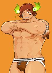 Rule 34 | 1boy, abs, american football, animal ears, bara, brown hair, brown male underwear, bulge, clenched hands, cow boy, cow ears, cowboy shot, dark-skinned male, dark skin, eye black, facial hair, feather necklace, fiery horns, fist bump, forked eyebrows, glowing horns, goatee, haishiba ame, highres, horns, jewelry, jockstrap, large pectorals, looking at viewer, male focus, male underwear, muscular, muscular male, navel, necklace, nipples, one eye closed, own hands together, pectorals, redrawn, short hair, sideburns, solo, stomach, strongman waist, stubble, thick eyebrows, thick thighs, thighs, tokyo houkago summoners, topless male, underwear, underwear only, wakan tanka, wakan tanka (fashionista swimsuit), wink star