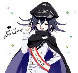 Rule 34 | 1boy, ^ ^, arm belt, belt, birthday, birthday sash, black cloak, black hat, buttons, checkered clothes, checkered scarf, cloak, closed eyes, collared cloak, colored tips, commentary request, confetti, cowboy shot, crown, danganronpa (series), danganronpa v3: killing harmony, dated, double-breasted, fingernails, hair between eyes, hand on own hip, happy birthday, hat, high collar, jacket, layered sleeves, long sleeves, male focus, multicolored buttons, multicolored hair, oma kokichi, open mouth, peaked cap, purple cloak, purple hair, scarf, short hair, simple background, sleeves past wrists, smile, solo, tamaon, teeth, two-tone cloak, upper teeth only, v, white background, white belt, white jacket