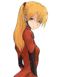 Rule 34 | 1girl, :|, arms at sides, blonde hair, blue eyes, bodysuit, breasts, closed mouth, curvy, expressionless, from side, hair between eyes, hair ornament, hairclip, headgear, long hair, looking back, looking down, neon genesis evangelion, oomori harusame, orange hair, parted bangs, pilot suit, plugsuit, sad, simple background, sketch, skinny, small breasts, solo, souryuu asuka langley, standing, tsundere, turtleneck, upper body, white background, wide hips