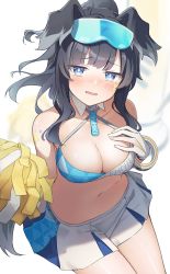 1girl absurdres animal_ears black_hair blue_archive blue_eyes breasts cheerleader cleavage detached_collar dog_ears eyewear_on_head hibiki_(blue_archive) hibiki_(cheer_squad)_(blue_archive) highres large_breasts matsushika midriff_peek millennium_cheerleader_outfit_(blue_archive) navel pleated_skirt pom_pom_(cheerleading) sidelocks skirt sunglasses