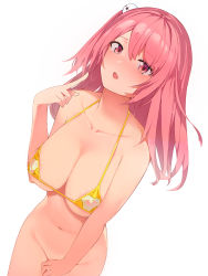 Rule 34 | 1girl, azur lane, bare shoulders, bikini, bikini top only, blush, bottomless, breasts, dead or alive, female focus, groin, highres, honoka (doa), large breasts, long hair, looking at viewer, matching hair/eyes, micro bikini, navel, open mouth, pink eyes, pink hair, prpr friends, simple background, solo, swimsuit, white background