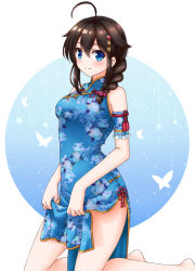 Rule 34 | 1girl, ahoge, alternate costume, arm garter, bad id, bad pixiv id, bare legs, barefoot, blue dress, blue eyes, blush, braid, breasts, brown hair, bug, butterfly, china dress, chinese clothes, dress, floral print, flower, frills, hair between eyes, hair flaps, hair flower, hair ornament, hair ribbon, hairpin, hoshino kagari, insect, kantai collection, kneeling, long hair, looking at viewer, medium breasts, pink flower, pink rose, print dress, red ribbon, ribbon, rose, shigure (kancolle), shigure kai ni (kancolle), side slit, single braid, skirt hold, sleeveless, sleeveless dress, solo, tareme, tassel, thighs