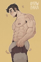 Rule 34 | 1boy, abs, absurdres, arm hair, armpit hair, armpit hair peek, artist request, ass, bara, beowulf (skullgirls), blush, body hair, brown male underwear, bulge, bulge lift, chest hair, dressing, facial hair, fate/grand order, fate (series), feet out of frame, forked eyebrows, from side, goatee, hairy, highres, i&#039;ve never seen a guy recreate this successfully tbh (meme), large pectorals, long sideburns, male focus, male pubic hair, male underwear, mature male, meme, muscular, muscular male, navel hair, nipples, open pants, pants, pants lift, pectorals, pout, pubic hair, short hair, sideburns, skullgirls, solo, stomach, stubble, thick thighs, thighs, topless male, undersized clothes, underwear