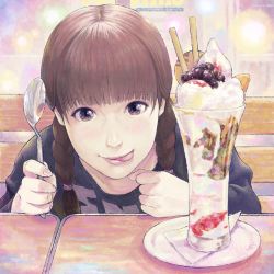 Rule 34 | 1girl, :p, blush, braid, brown eyes, brown hair, fingernails, food, highres, holding, holding spoon, ice cream, long sleeves, looking at viewer, original, pov across table, realistic, sakkan, shirt, smile, solo, spoon, tongue, tongue out, tray, twin braids