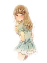 Rule 34 | 1girl, blush, brown eyes, brown hair, commentary request, cropped legs, dress, flower, long hair, looking at viewer, looking back, ogawa hidari, original, puffy short sleeves, puffy sleeves, short sleeves, simple background, solo, white background