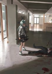 Rule 34 | 1boy, 1girl, absurdres, animal ears, blood, blood on axe, blood on clothes, blood on face, blood on hands, blood splatter, bloody weapon, cat ears, cat girl, cat tail, death, door, formal, from side, green hair, gun, highres, huge filesize, indoors, jacket, long sleeves, looking at another, original, ponytail, shell casing, solo focus, standing, suit, tail, tamayume, toes, weapon, white jacket, wiping mouth, yellow eyes