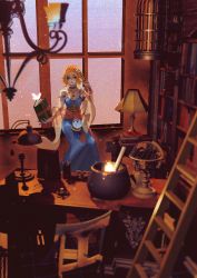 Rule 34 | 1girl, absurdres, alice margatroid, birdcage, blonde hair, blue dress, blue eyes, book, book stack, bookshelf, bow, bowtie, brown corset, bug, butterfly, cage, candle, cauldron, chandelier, closed mouth, collar, corset, desk, dress, flower, full body, hair between eyes, hair flower, hair ornament, hairband, hand in own hair, hand up, highres, holding, holding book, insect, ladder, lampshade, lips, looking at viewer, naokou, red bow, red bowtie, red hairband, short hair, snow globe, solo, touhou, veil, white butterfly, white collar, white flower, window, wrist cuffs